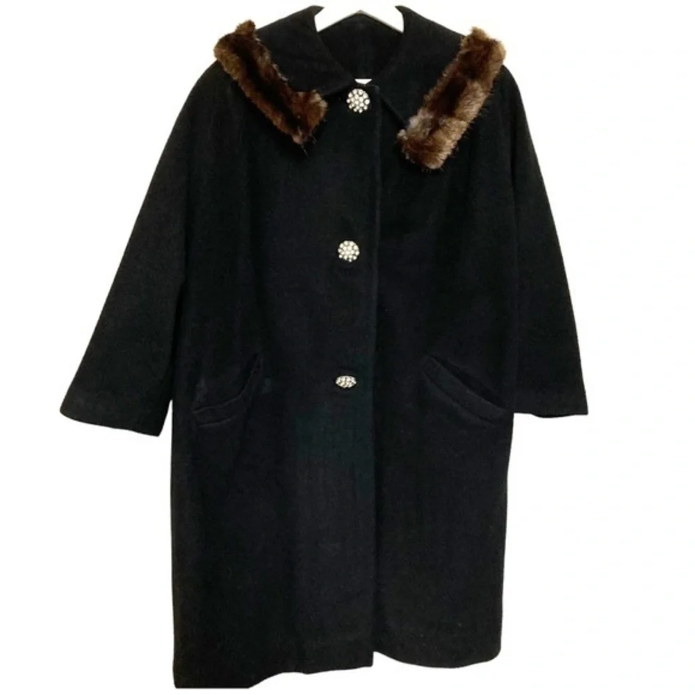 vintage M fur‎ collar trim wool dress coat USA union made button down 3/4 sleeve